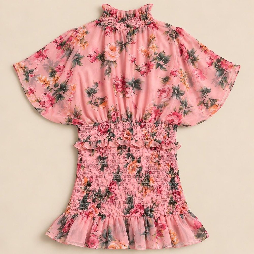 PrettyLittleThing Floral Smocked Ruffle Mini Dress Pink Cottagecore Size 12
